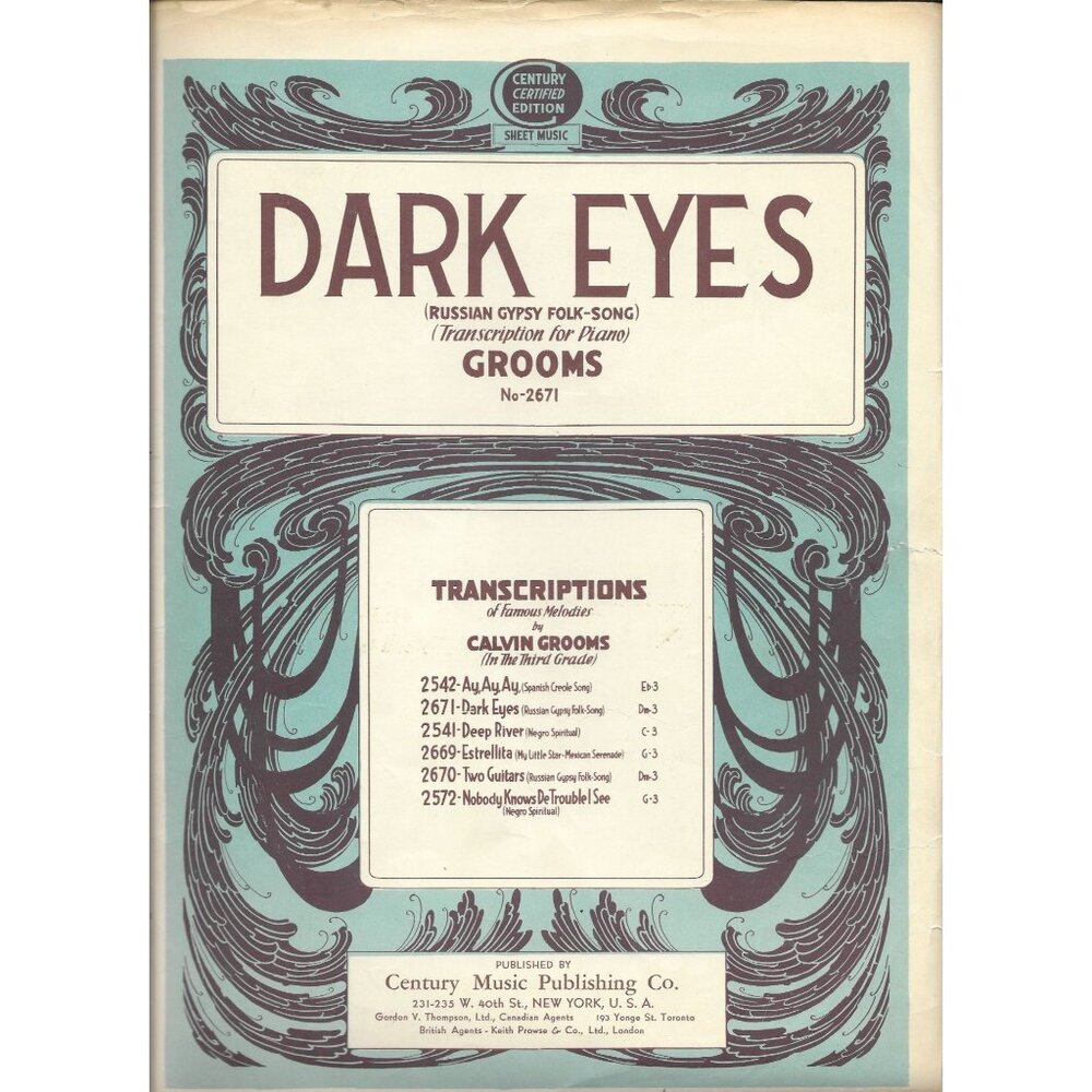 Vintage Sheet Music Dark Eyes By Calvin Grooms Russian Roma Folk Song 1930